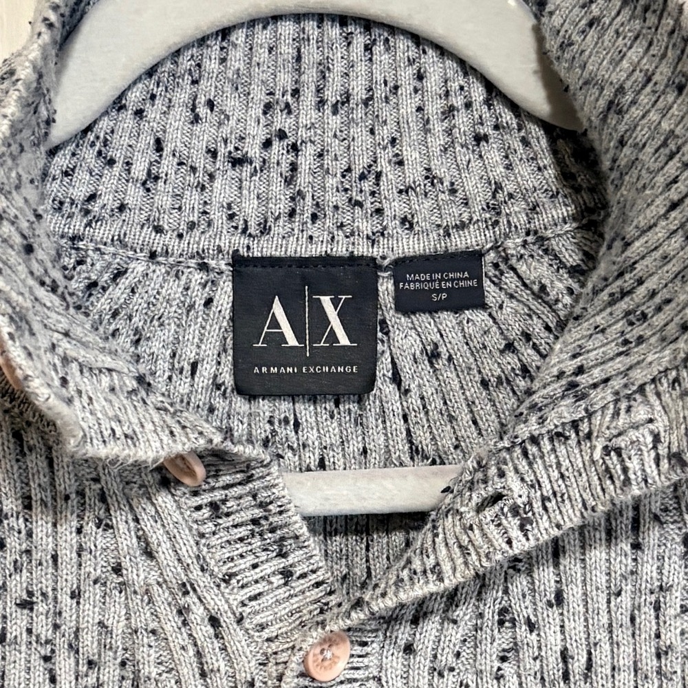 Armani Exchange Mens Gray Marled Ribbed Cotton Mock Neck Button Sweater S/P
